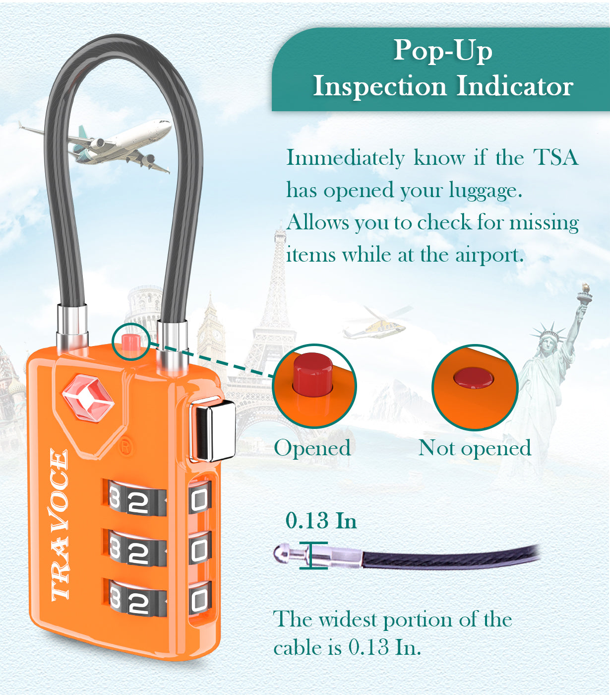 TSA Approved Luggage Cable Lock for Suitcase, Gym Locker & Toolbox (Orange Pack)