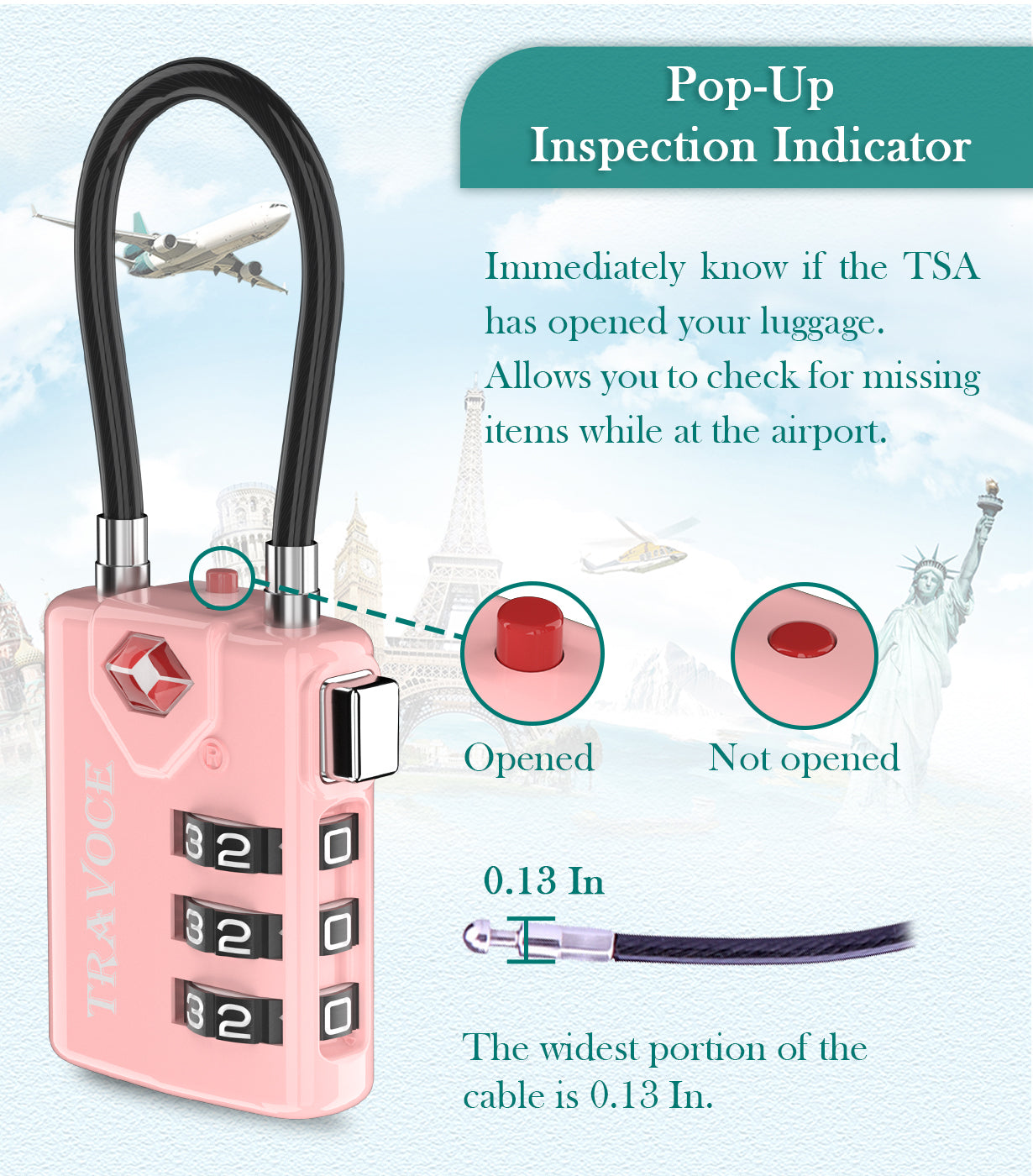 TSA Approved Luggage Cable Lock for Suitcase, Gym Locker & Toolbox (Pink Pack)