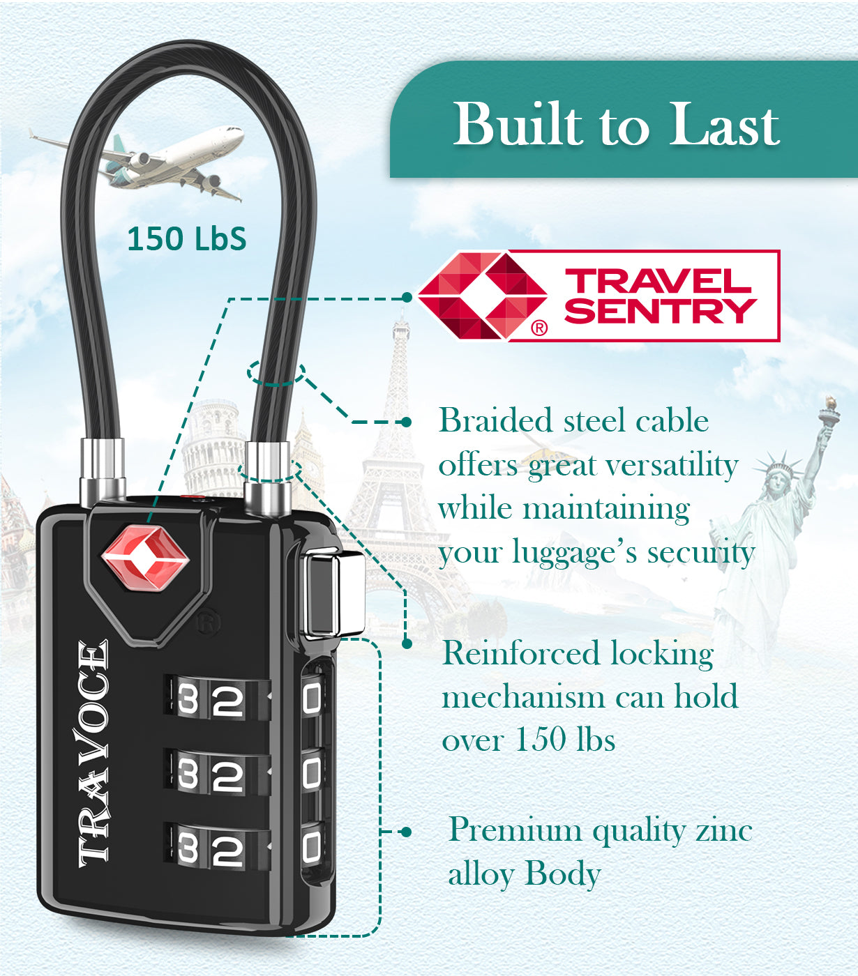 TSA Approved Luggage Cable Lock for Suitcase, Gym Locker & Toolbox (3 Color Pack)