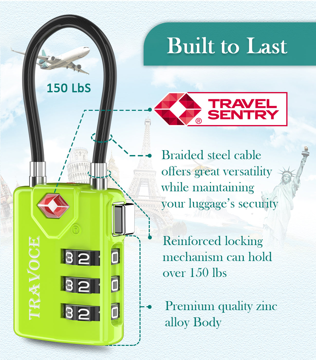 TSA Approved Luggage Cable Lock for Suitcase, Gym Locker & Toolbox (Lime Pack)