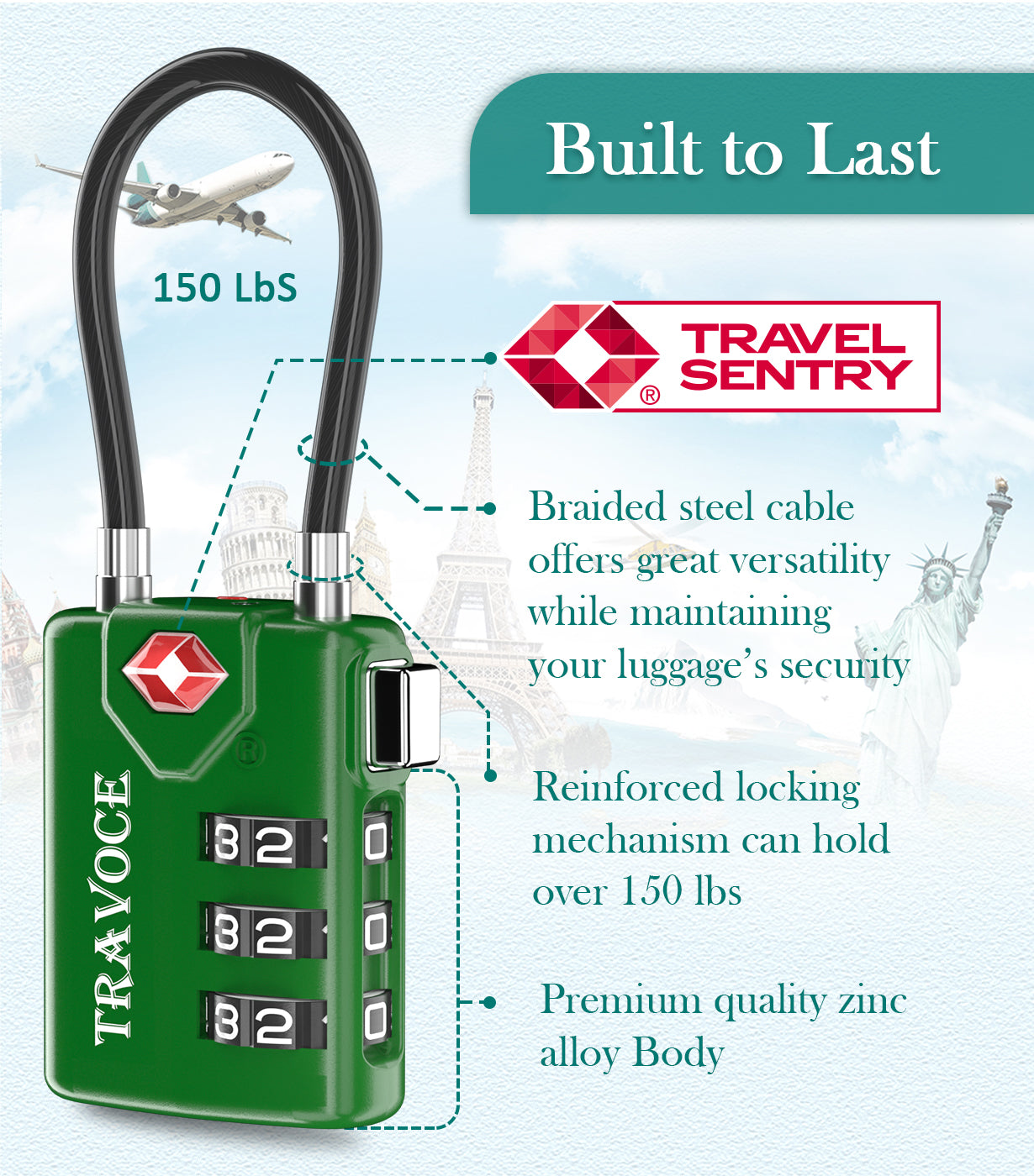 TSA Approved Luggage Cable Lock for Suitcase, Gym Locker & Toolbox (Army Green Pack)