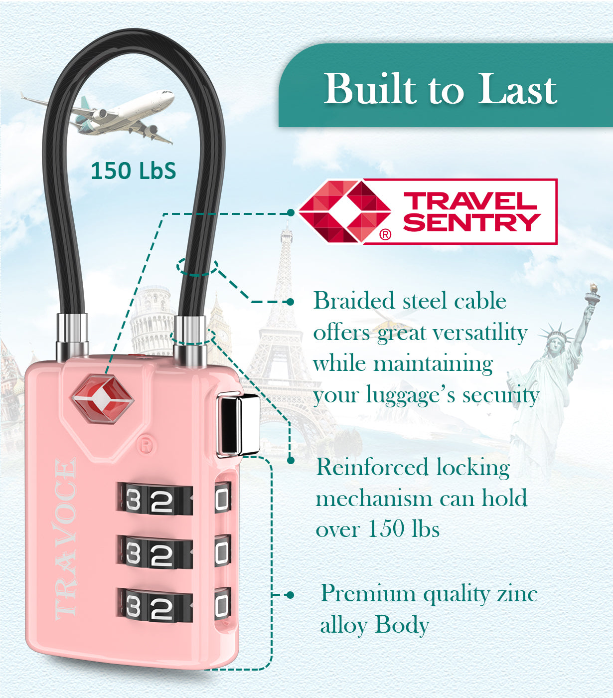 TSA Approved Luggage Cable Lock for Suitcase, Gym Locker & Toolbox (Pink Pack)