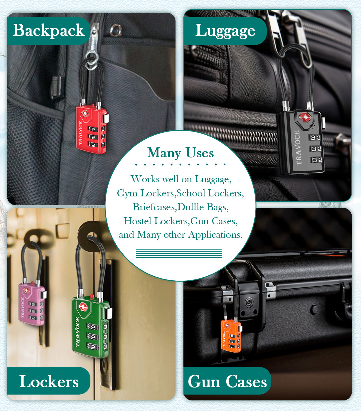 TSA Approved Luggage Cable Lock for Suitcase, Gym Locker & Toolbox (White Pack)