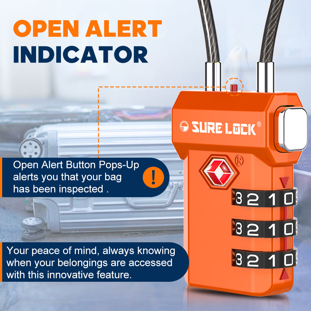 TSA Approved 3-Digit Combination Cable Lock – Large Dial, Red Indicator & Easy-Press Button (Orange Pack) - LockSelect 