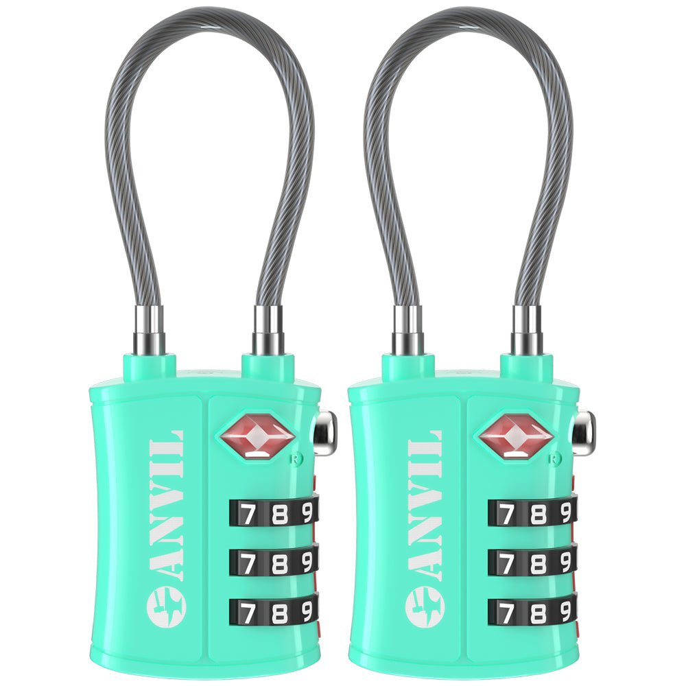 TSA Approved Cable Travel Lock – 3-Digit Combination with Zinc Alloy Body(Cyan Pack) - LockSelect 