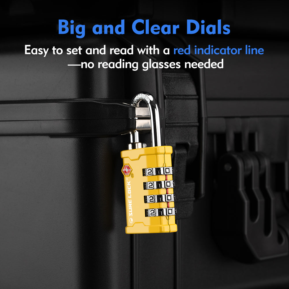 TSA Accepted 4-Digit Heavy Duty Combination Luggage Padlock – All Metal Travel Lock (Yellow Pack) - LockSelect 
