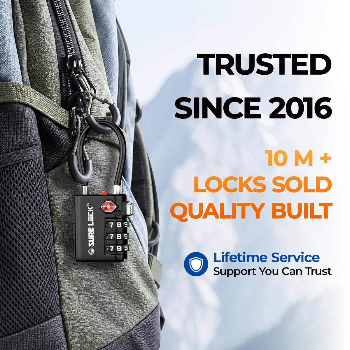 TSA-Approved 3-Digit Cable Luggage Lock with Backup Key & Open Alert (Black)