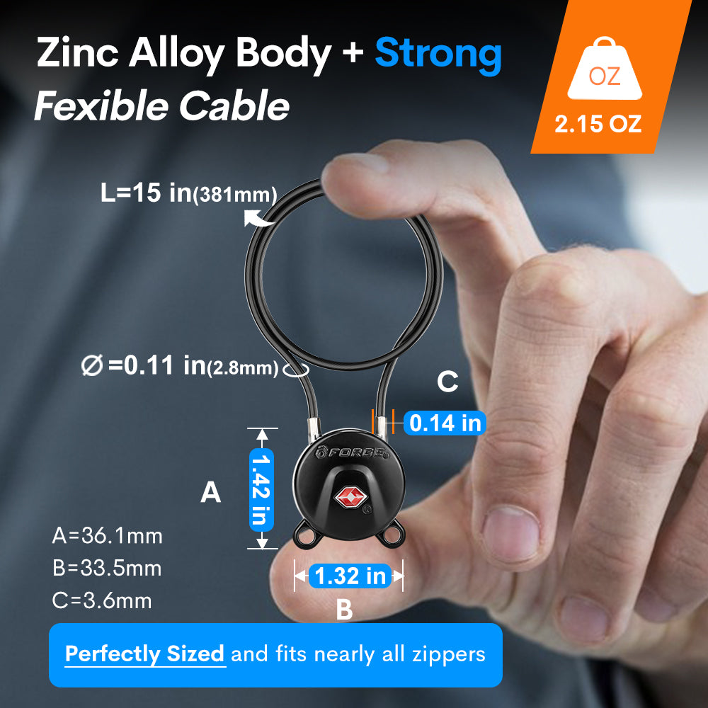 Forge TSA006 Cable Locks,  Extra long-15'' with Zinc Alloy Body(Koala Series, Black)