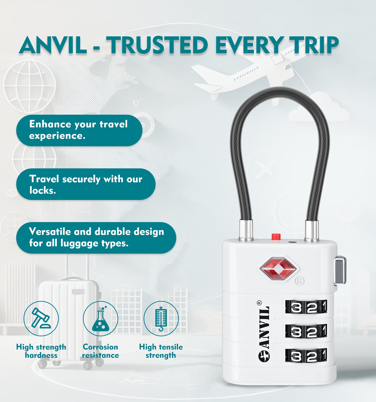 TSA Approved Luggage Lock with Inspection Indicator ( White Pack)