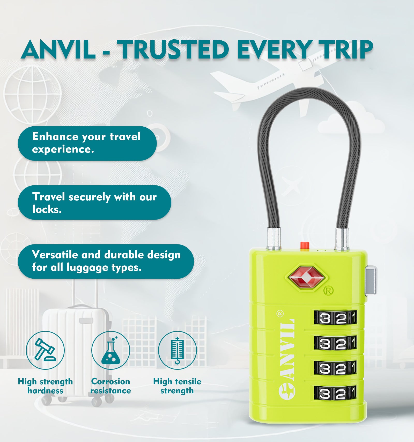 4-Digit TSA Approved Luggage Lock – TSA008 Core with Alert Indicator (Grass Green Pack)