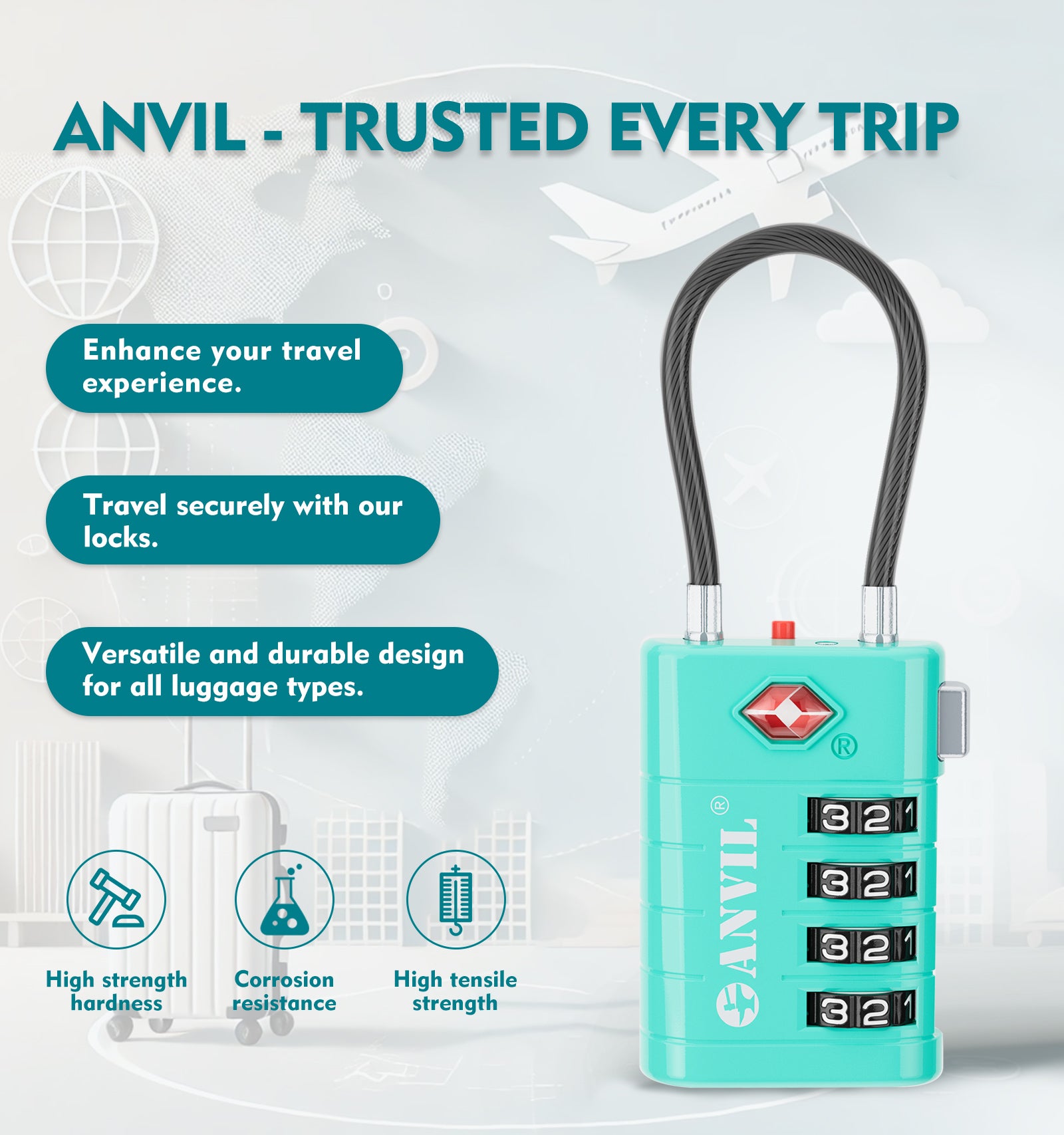 4-Digit TSA Approved Luggage Lock – TSA008 Core with Alert Indicator (Cyan Pack)