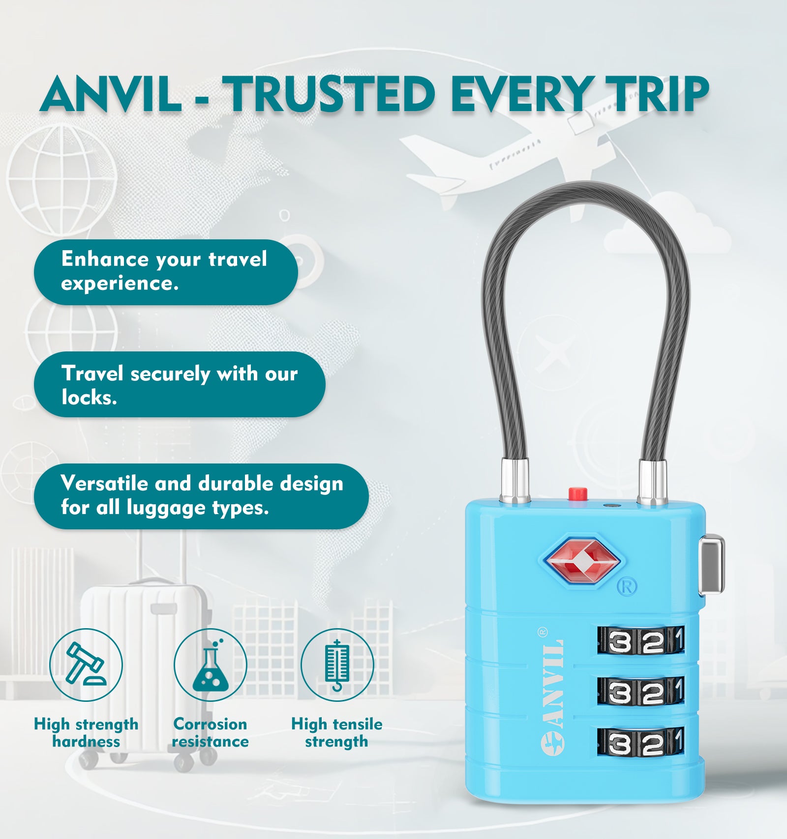 High Security TSA008 Combination Travel Lock with Inspection Indicator (Blue Pack)