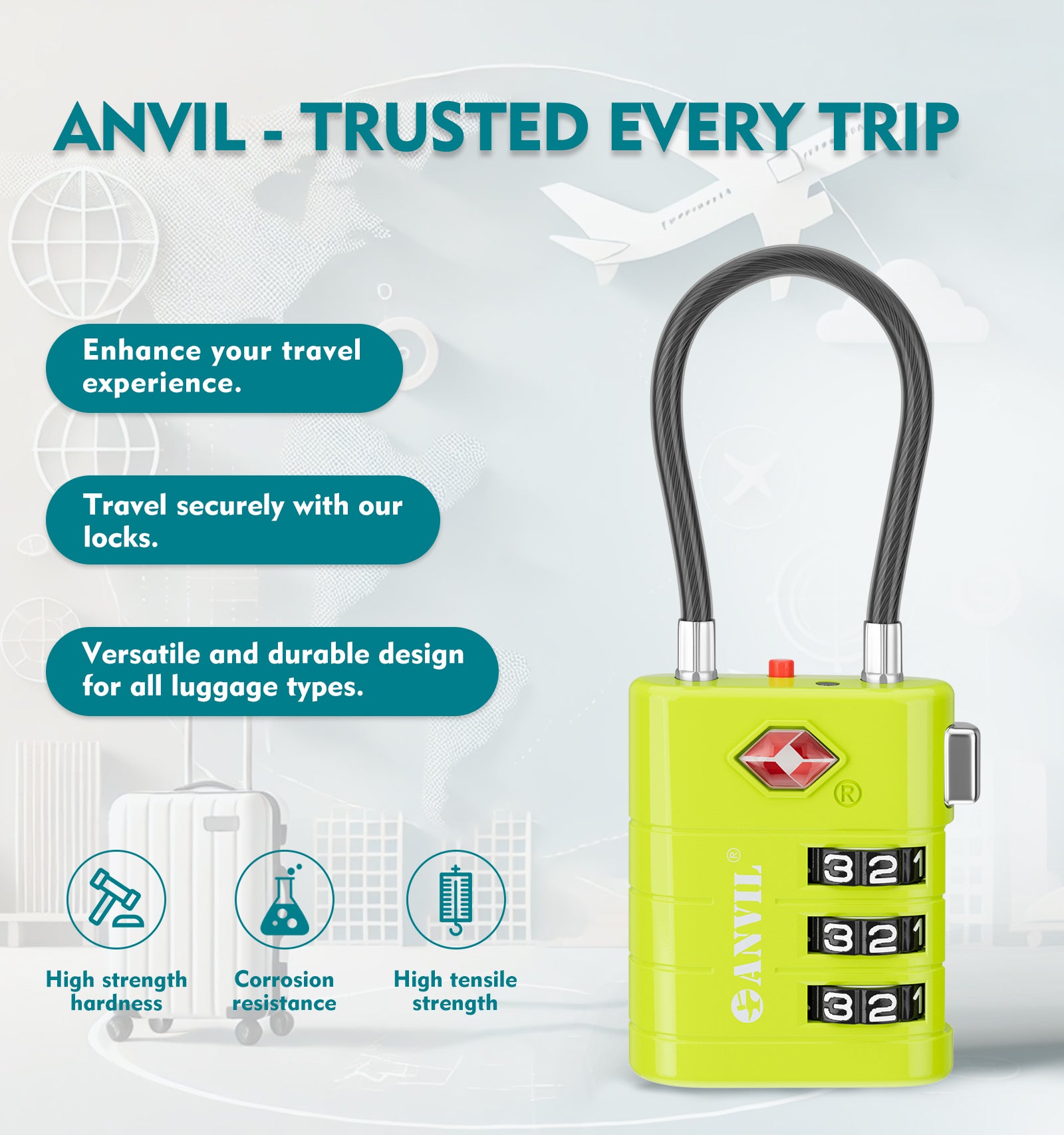 TSA Approved Luggage Lock with Inspection Indicator ( Grass Green Pack)