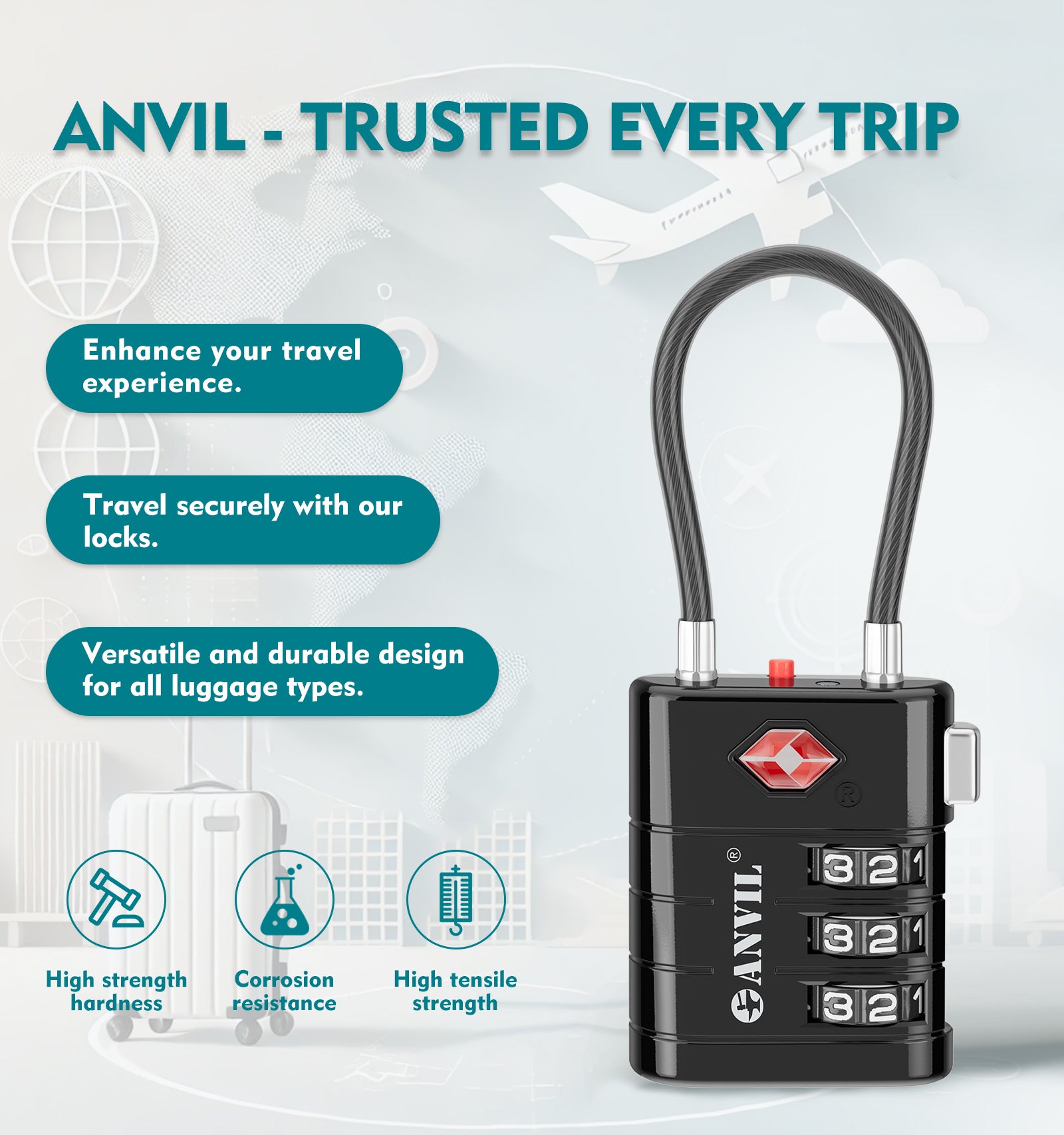 ANVIL TSA Approved Luggage Lock – High Security TSA008 Combination Travel Lock(4 Color Pack)