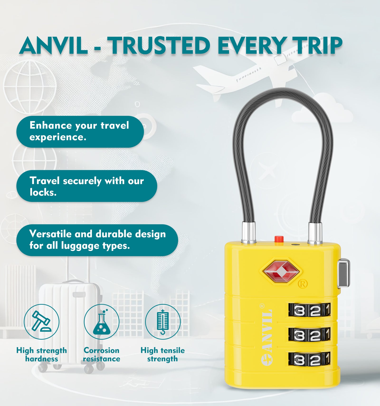 ANVIL TSA Approved Luggage Lock with Inspection Indicator (Yellow Pack)