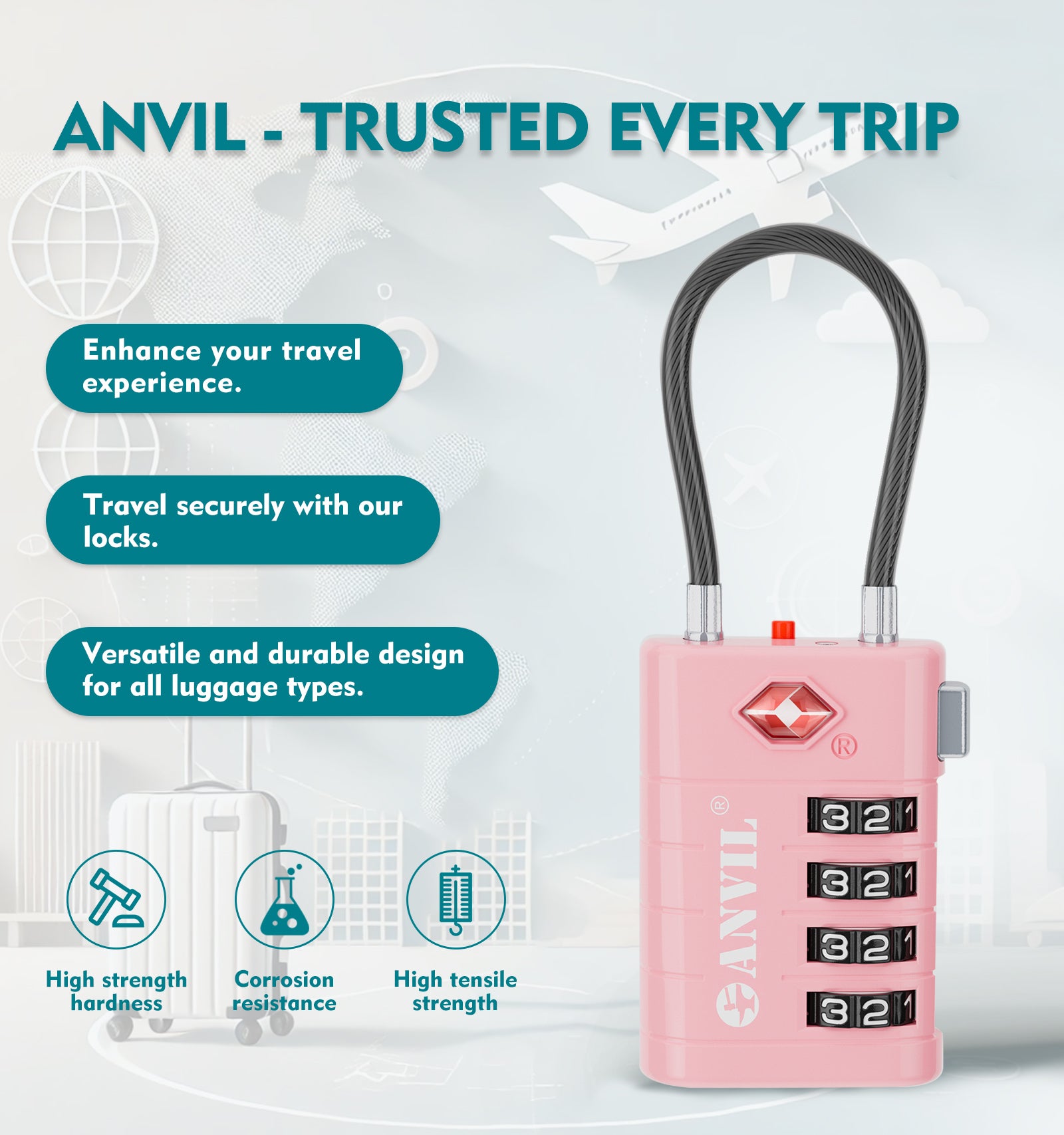 4-Digit TSA Approved Luggage Lock – TSA008 Core with Alert Indicator (Pink Pack)