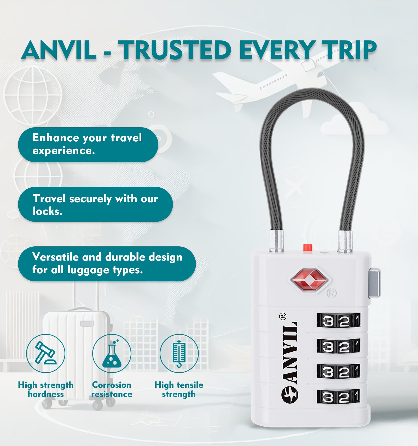 4-Digit TSA Approved Luggage Lock – TSA008 Core with Alert Indicator (White Pack)