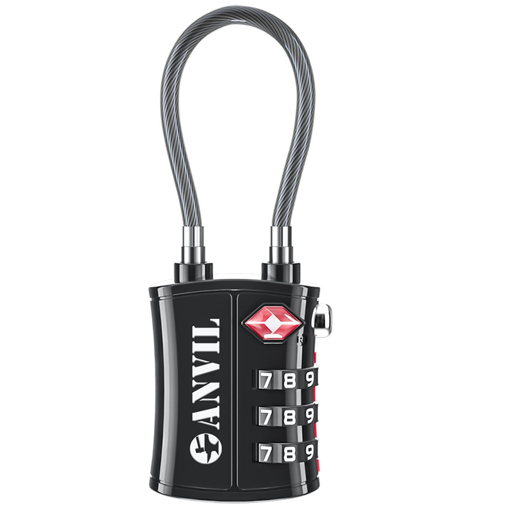 TSA Approved Cable Travel Lock – 3-Digit Combination with Zinc Alloy Body(Black Pack) - LockSelect 