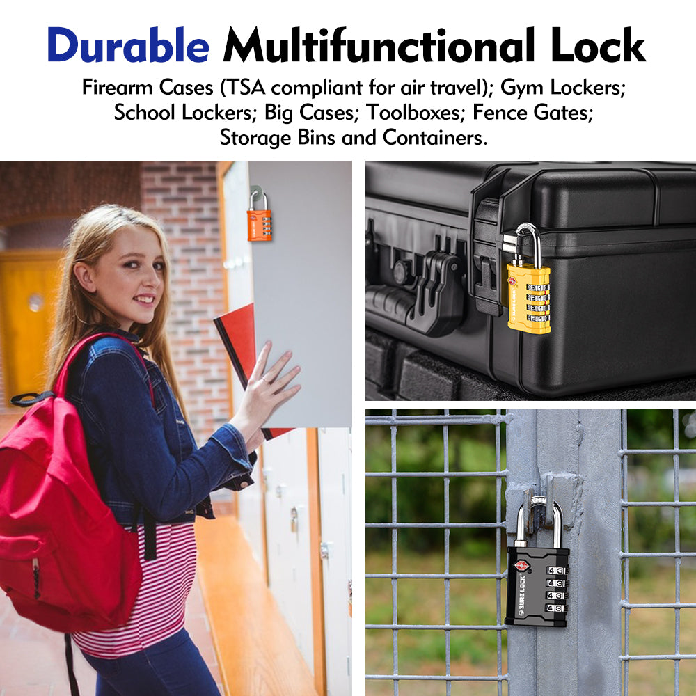 TSA 4-Digit Combination Luggage Padlock – All Metal Travel Lock (Orange Pack) - LockSelect 