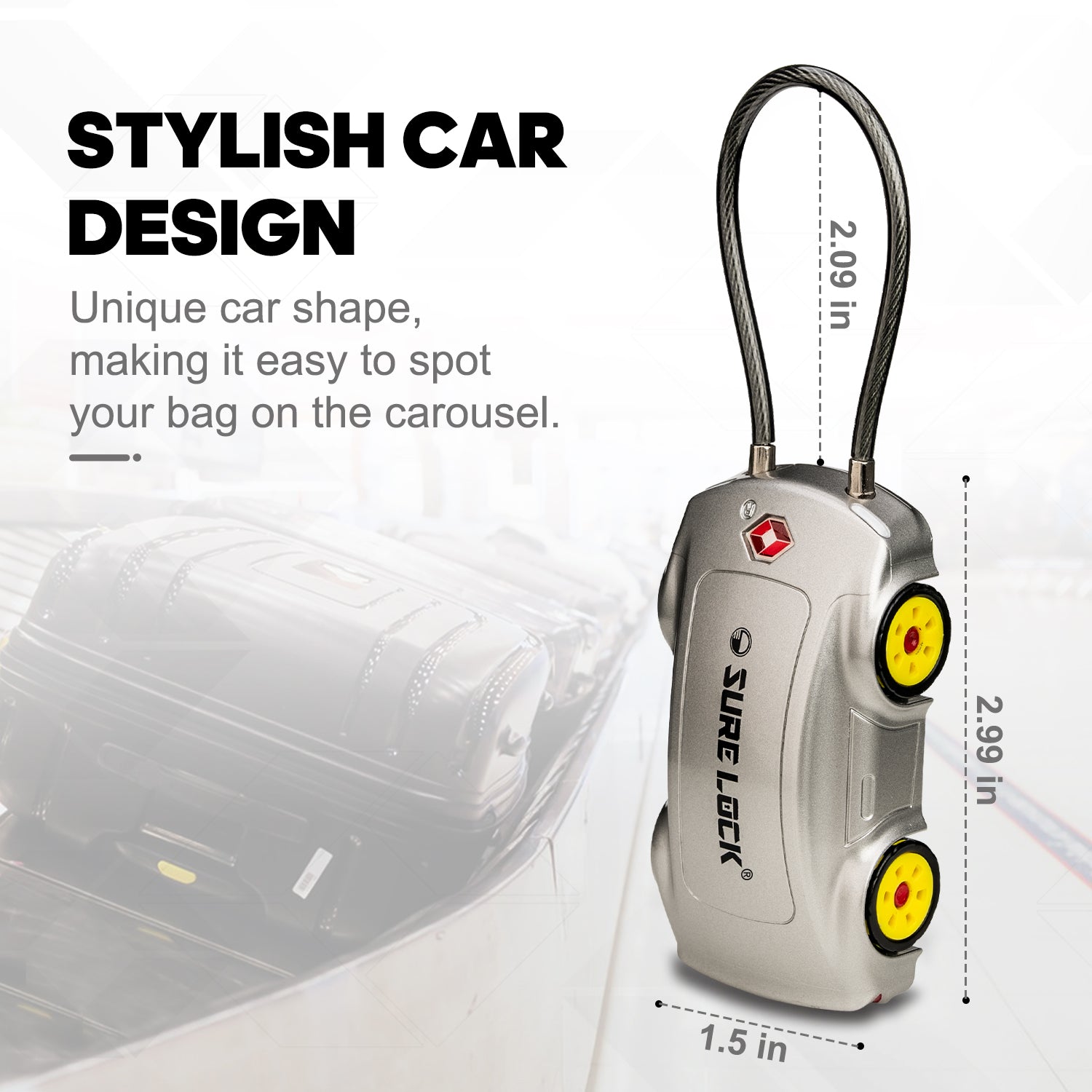 Car-Shaped TSA Luggage Lock – 4-Digit Cable (Grey) - LockSelect 