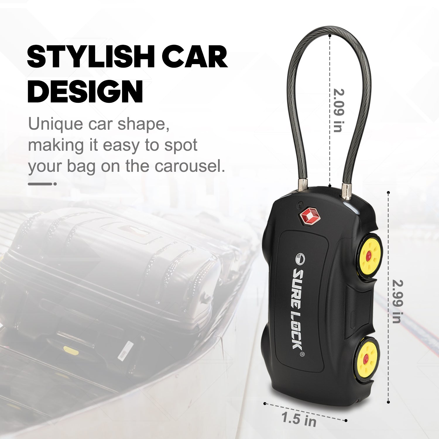 Car-Shaped TSA Cable Lock – 4-Digit Resettable Luggage Lock (Black) - LockSelect 