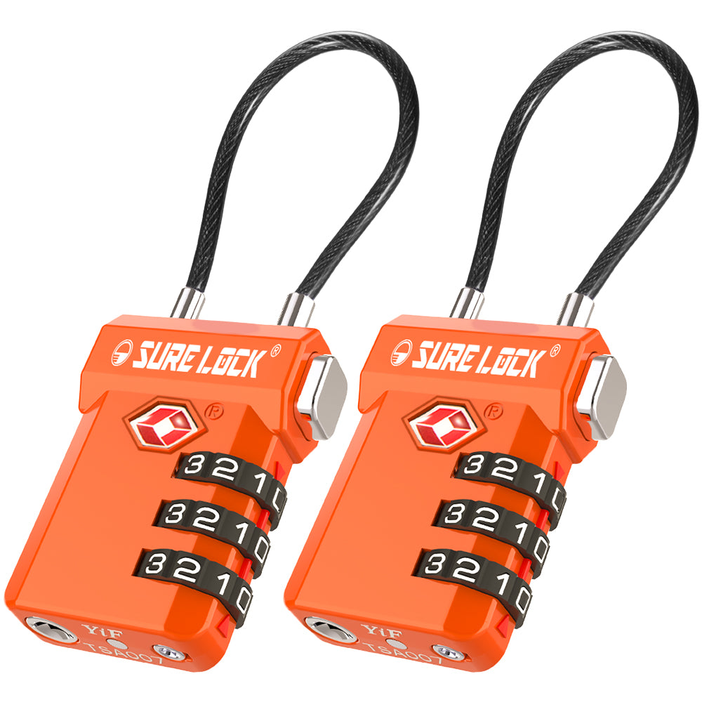 TSA Approved 3-Digit Combination Cable Lock – Large Dial, Red Indicator & Easy-Press Button (Orange Pack) - LockSelect 