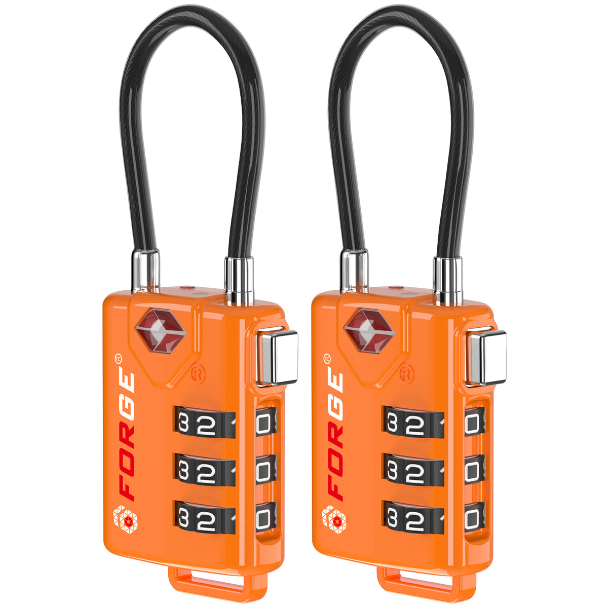 Two Forge Eagle orange cable luggage locks on white background