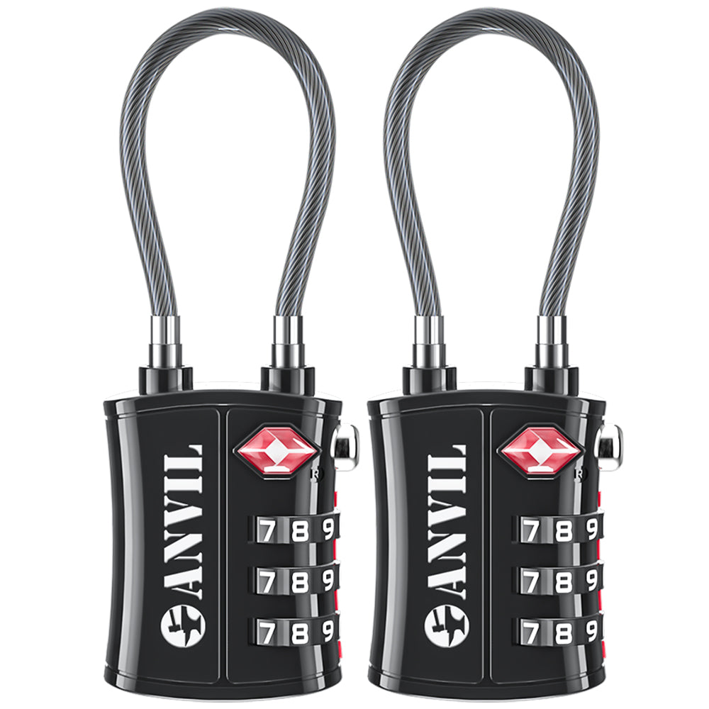 TSA Approved Cable Travel Lock – 3-Digit Combination with Zinc Alloy Body(Black Pack) - LockSelect 