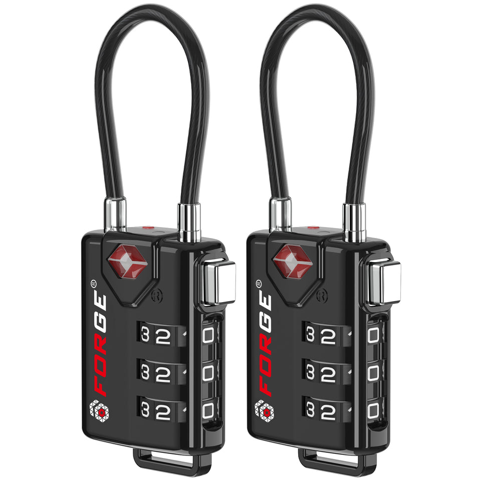 Two Forge Eagle black cable luggage locks on white background