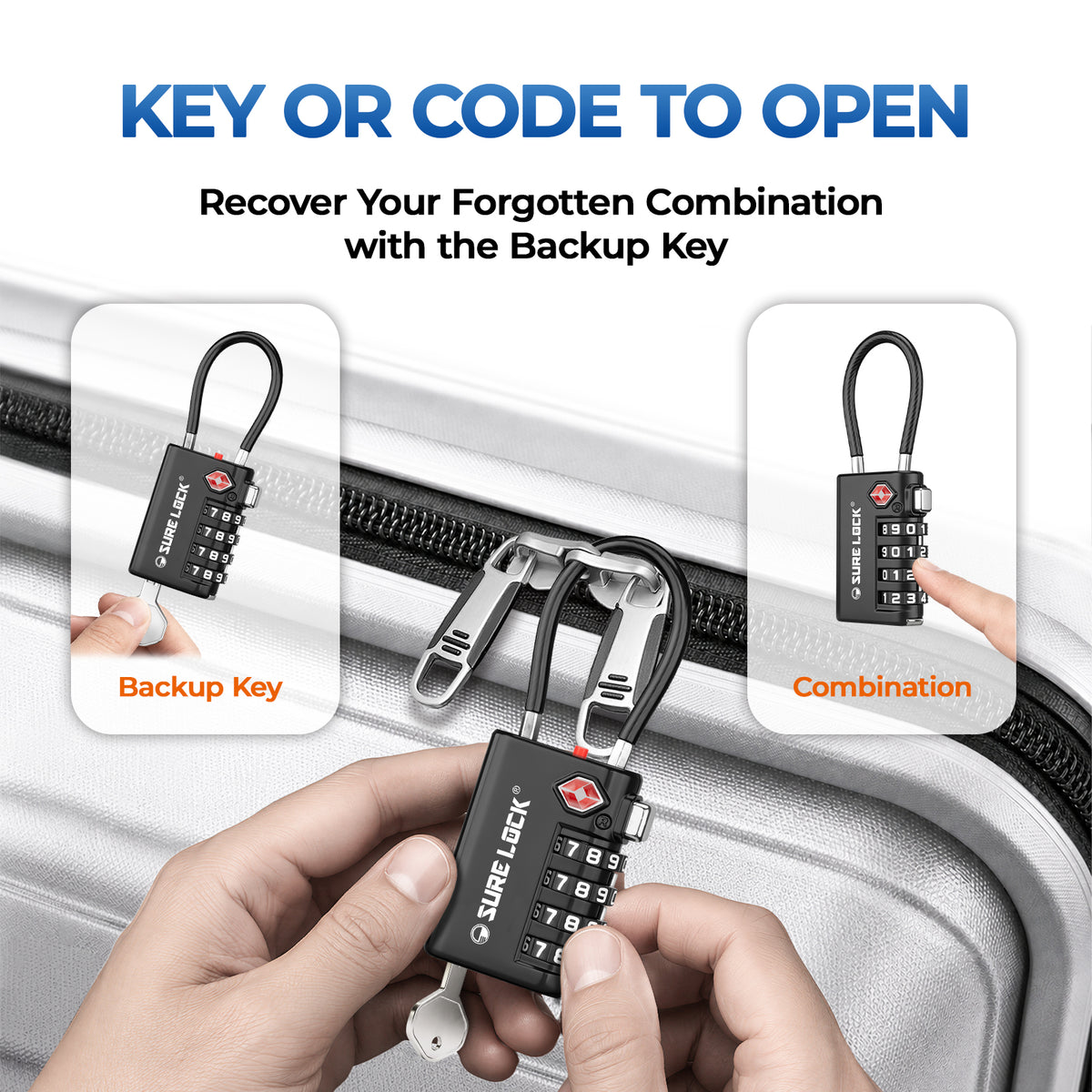 TSA-Approved 4-Digit Cable Luggage Lock with Backup Key & Open Alert (Black)
