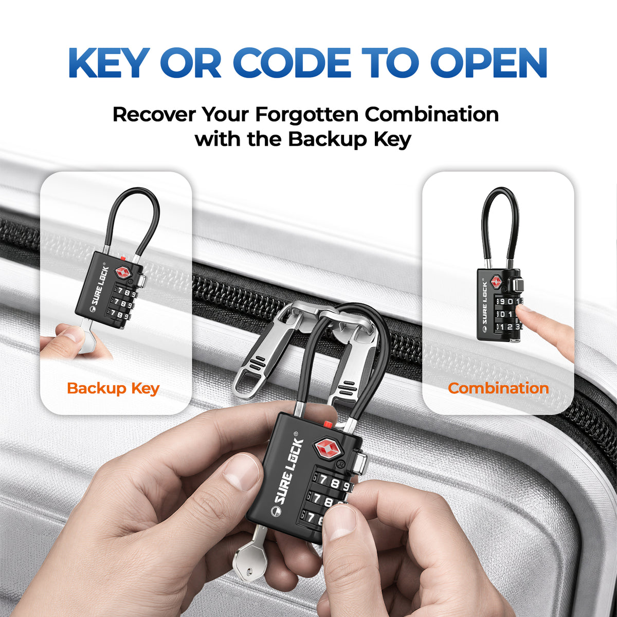 TSA-Approved 3-Digit Cable Luggage Lock with Backup Key & Open Alert (Black)