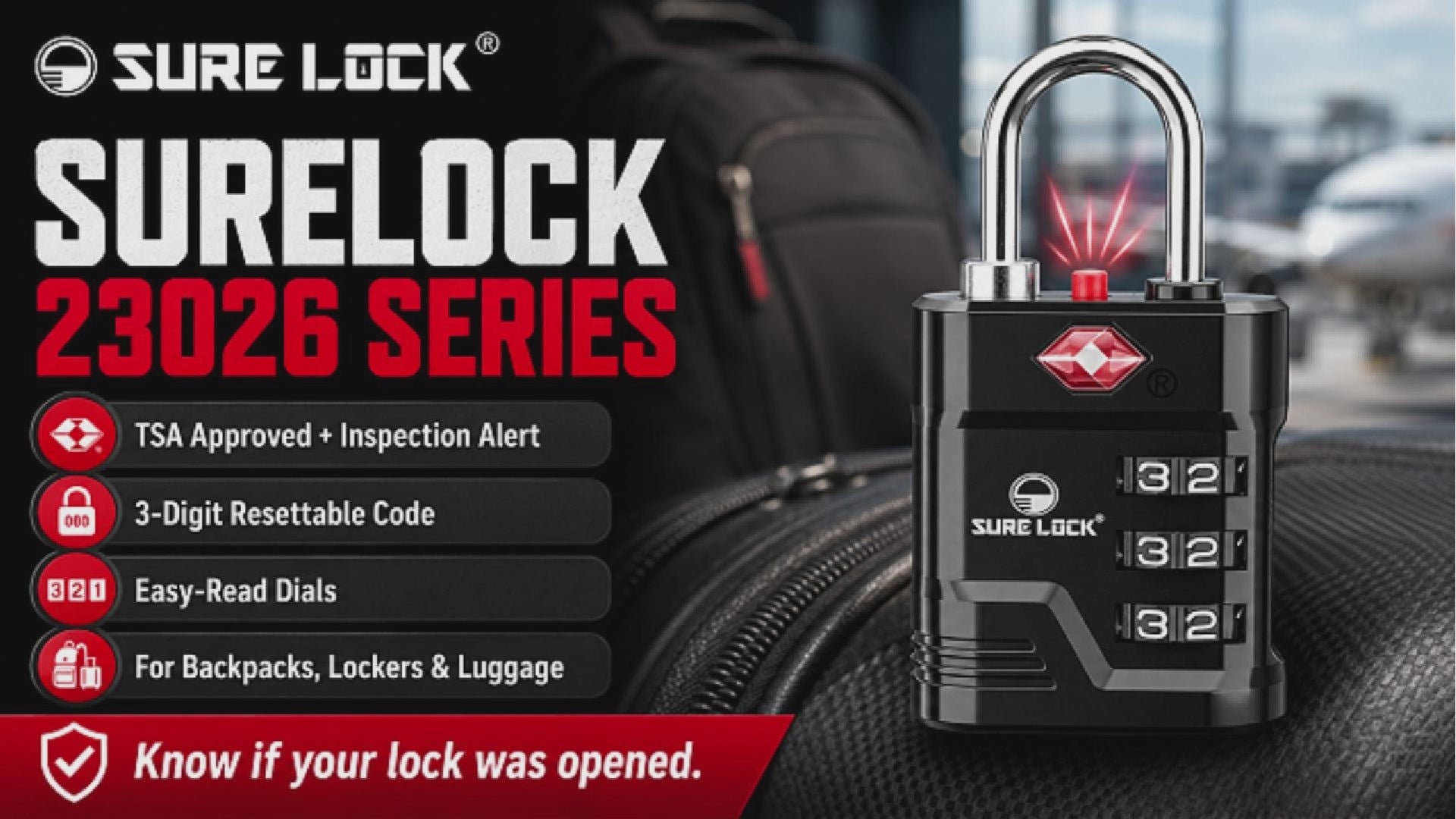 TSA Approved Luggage Lock – 3-Digit Combination Padlock with Open Alert & Easy-Read Dials (Black Pack)