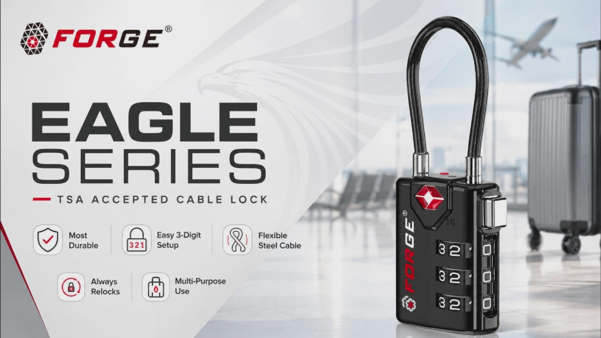 Forge TSA Approved Cable Luggage Lock with Easy-to-Read Dials (Eagle Series, Black Pack)